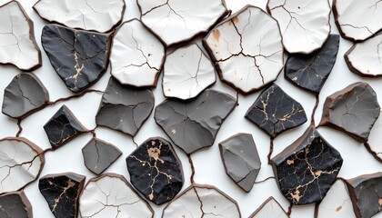 high quality, elegant digital rendering of cracked, mineral like shapes arranged in a harmonious pattern on a white background.