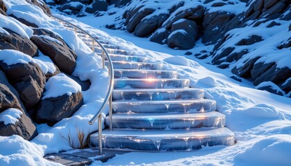 high quality, photorealistic rendering of icy stairs, high detail, shimmering effects, luminous icy colors
