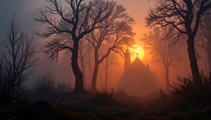 high quality, an atmospheric scene with fog and soft lighting adding mystery and depth.