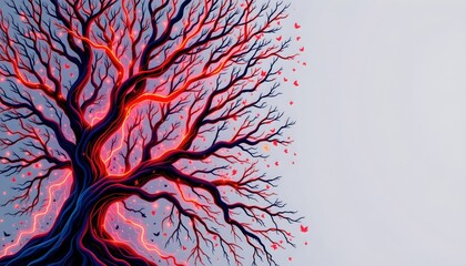 high quality, abstract intricate intertwined wood branches with neon tones, subject on left with copy space on right.