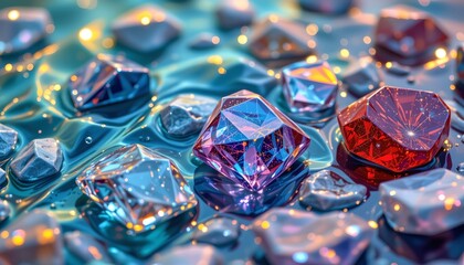 high quality, abstract geometric interpretation of sparkling stones with water effects, vivid colors, minimal shapes