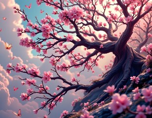 high quality, surreal digital scene with exaggerated, flowing branches, dreamy pastel colors, soft glow effects.