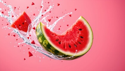 high quality, juicy watermelon slices soar through the air, splashing water against a vibrant pink backdrop, subject on the right with clear copy space on the left under high noon.