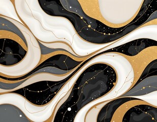 high quality, watercolor style of a mosaic with flowing shapes in black, white, and gold, gentle brushstrokes, muted tones.