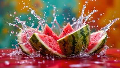high quality, watermelon slices splashing with water against vibrant background, subject at bottom with brilliant amber tones, ideal for summer dishes.