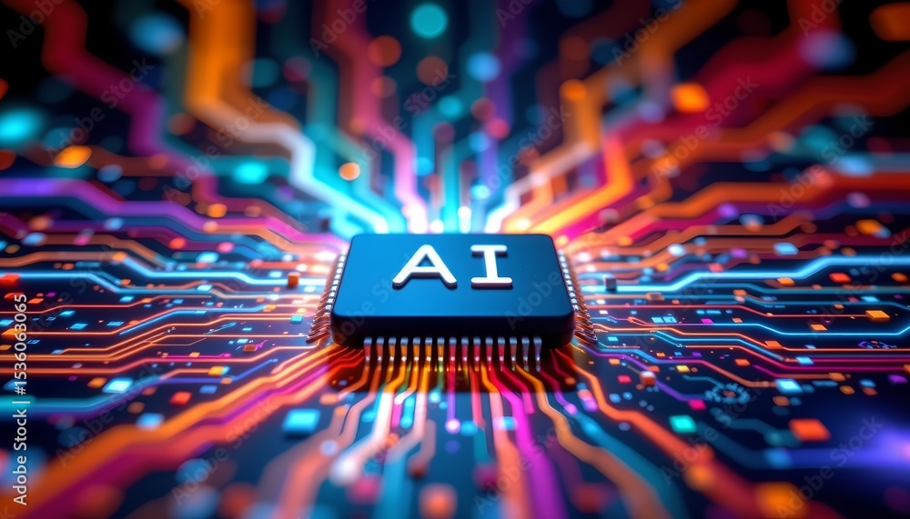 Poster high quality, position the ai word on a microchip at the top of the image with colorful light spread