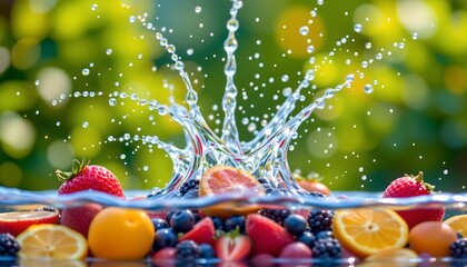 high quality, fresh fruits splash into water from above, creating a vibrant burst, place subject at the bottom with ample copy space at the top for photos.