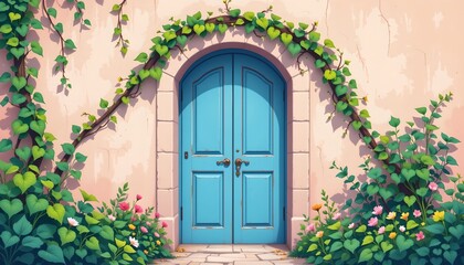 high quality, minimalist digital illustration of a blue door with green vines framing it, soft pastel colors and simple shapes.