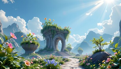 high quality, a surreal digital scene with floating plants and dreamy lighting effects around the structure.