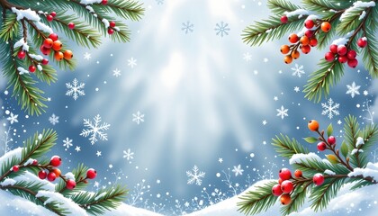 high quality, winter watercolor background with pine twigs, snowflakes, and berries, subject positioned at the bottom, leaving clear copy space at the top for text.