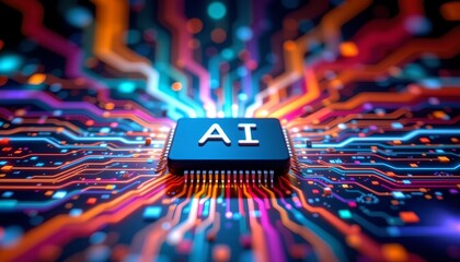 high quality, position the ai word on a microchip at the top of the image with colorful light spreading and a strong beam below