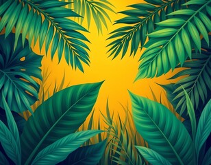 high quality, minimalist digital artwork of tropical leaves and grass stripes in vibrant green and yellow tones.