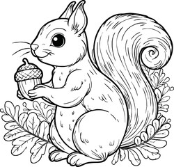 Coloring book Squirrel holding an acorn on white background printable outline vector illustration