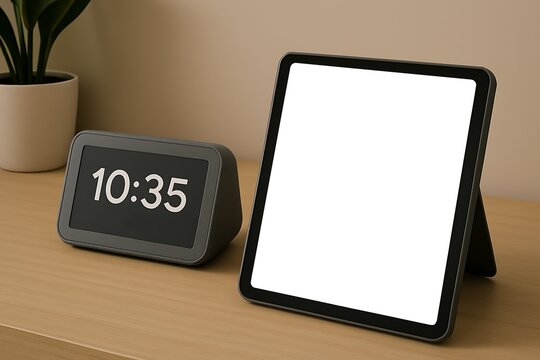Modern digital display shows time and digital calendar on a minimal desk setup indoors