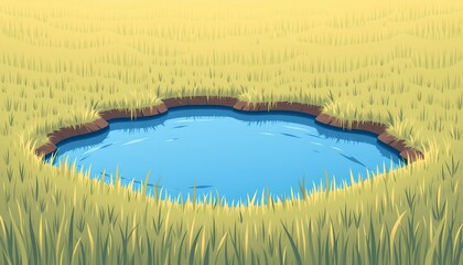 high quality, minimalist digital illustration of a grassy field with a reflective water patch, soft pastel tones, and simplified shapes.