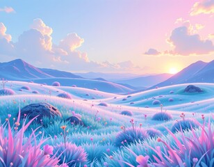 high quality, vaporwave inspired aesthetic of a stylized grassy landscape with pastel tones and soft glowing effects.