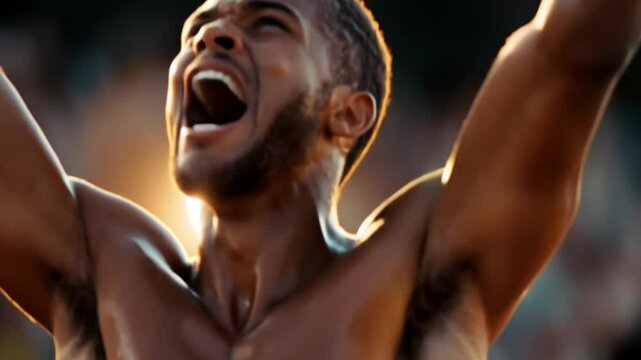 Athlete celebrates with arms raised and shout of victory. Slow motion. 4K.
