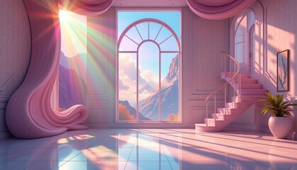 high quality, surreal digital scene with a vast window and exaggerated light rays, dreamy pastel hues.