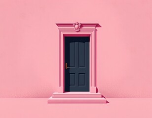 high quality, graphic interpretation featuring a dark door in a softly graded pink background with minimal architectural details.