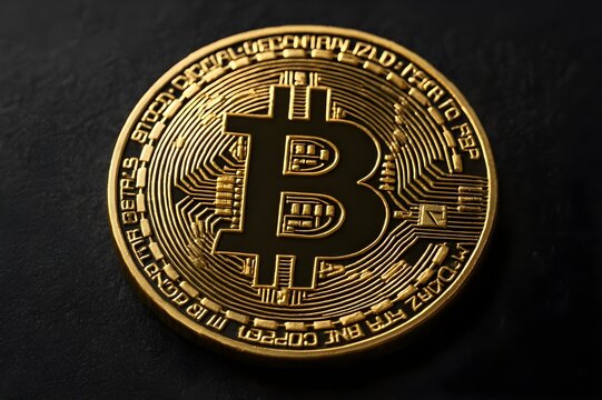 A close-up shot of a physical Bitcoin coin resting on a dark textured surface. The coin is gold, featuring the iconic Bitcoin "B" logo at its center.