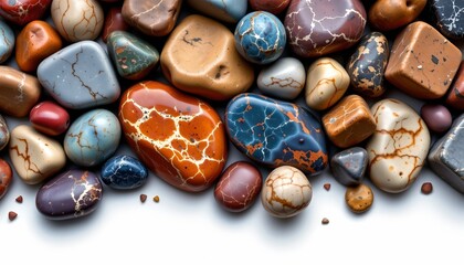 high quality, photorealistic digital painting of polished stones, high contrast, vibrant natural colors, minimal background