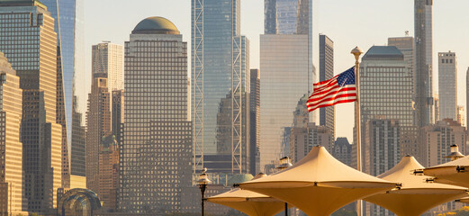 USA flag at New York city background. Urban city life. NYC. Downtown New York. Urban life in New York. New York urban cityscape.