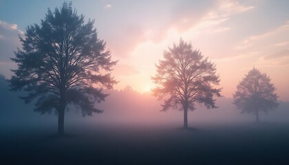 Foggy sunrise with silhouette of pine trees in misty landscape