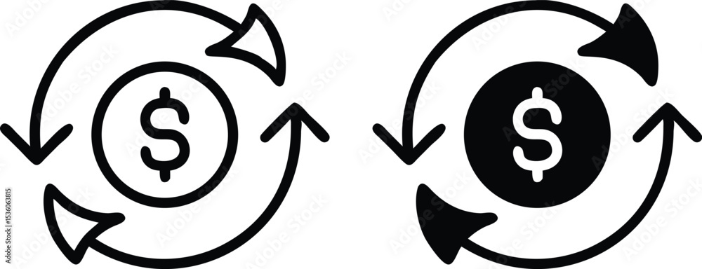 Poster minimalist circular dollar icon – stylized financial loop with arrows in monochrome vector design