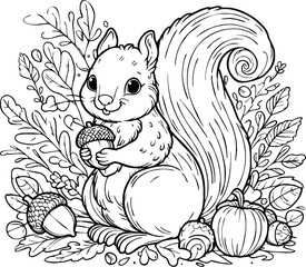Coloring book Squirrel holding an acorn on white background printable outline vector illustration