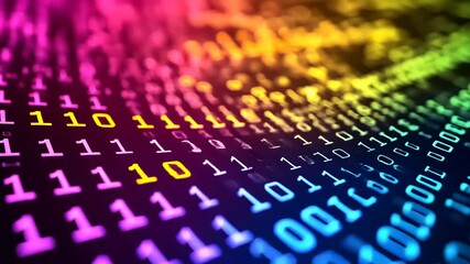 Colorful binary code flowing in a digital landscape, representing data and technology in motion - Powered by Adobe