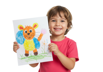 Child displays colorful crayon animal drawing art project