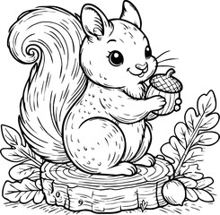 Coloring book Squirrel holding an acorn on white background printable outline vector illustration