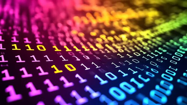 Colorful binary code flowing in a digital landscape, representing data and technology in motion