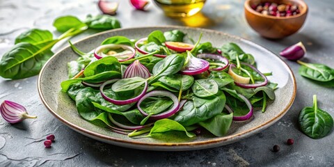 A vibrant, refreshing spinach salad with thinly sliced red onions, presented on a rustic plate
