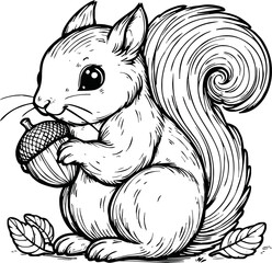 Coloring book Squirrel holding an acorn on white background printable outline vector illustration