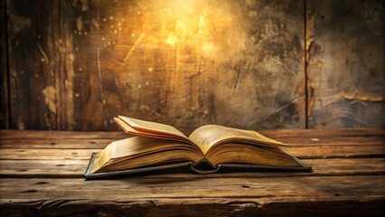An aged tome rests open upon a rustic wooden surface, bathed in warm, inviting light