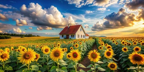 Serene sunset view of a charming house nestled amidst a vibrant sunflower field, bathed in the warm golden light of the evening sky