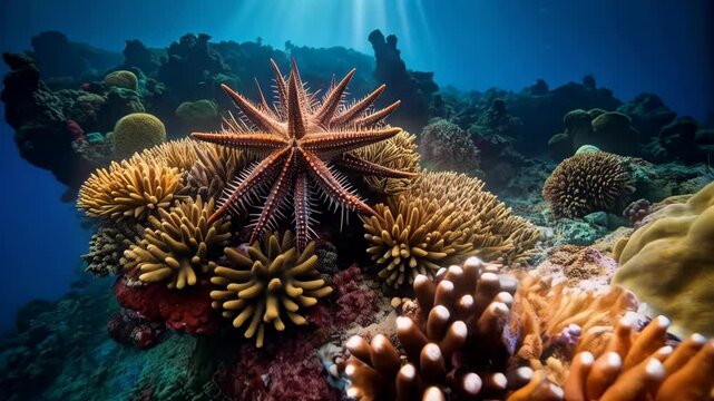 Underwater scene showing a crown-of-thorns starfish atop colorful coral reefs in a shallow ocean environment with natural sunlight.