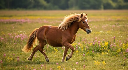 Obraz premium Horse Running Through Meadow with Wildflowers During Golden Hour