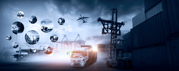 Global business of Container Cargo freight train for Business logistics concept, Air cargo trucking, Rail transportation and maritime shipping, Online goods orders worldwide