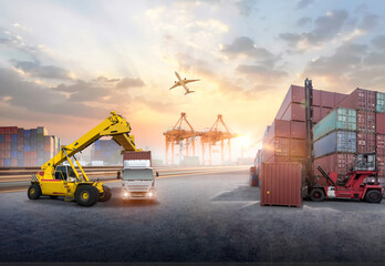 forklift handling container box loading to truck in import export logistic, Business logistics concept