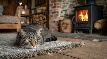 Tabby cat resting on a gray rug by a cozy fireplace.