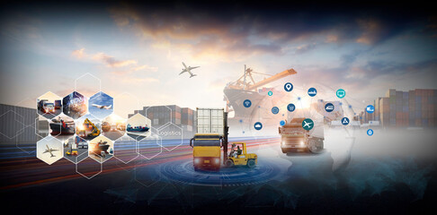 Global business of Container Cargo freight train for Business logistics concept, Air cargo trucking, Rail transportation and maritime shipping, Online goods orders worldwide