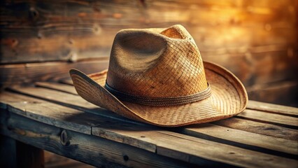 A weathered cowboy hat rests on a rustic wooden surface, bathed in warm, golden light