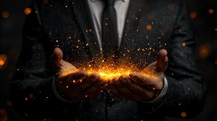 A businessman in a dark suit holds his hands open, showcasing a burst of golden sparks