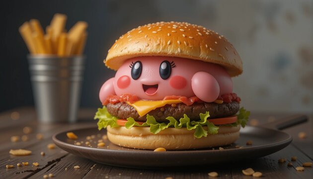 Kirby burger,burger bun as Kirby