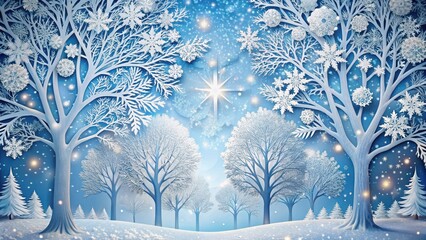 Winter Wonderland A Serene Snowy Forest Scene with Glimmering Lights and Intricate Frost-Covered Trees