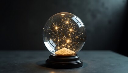 Glass sphere with illuminated network nodes on wooden base in dark room