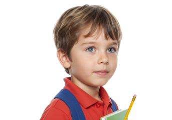 Schoolboy portrait of cute student with book and pencil