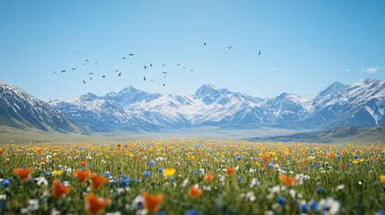 Scenic view of a colorful field with mountains and birds flying in the sky under blue sky